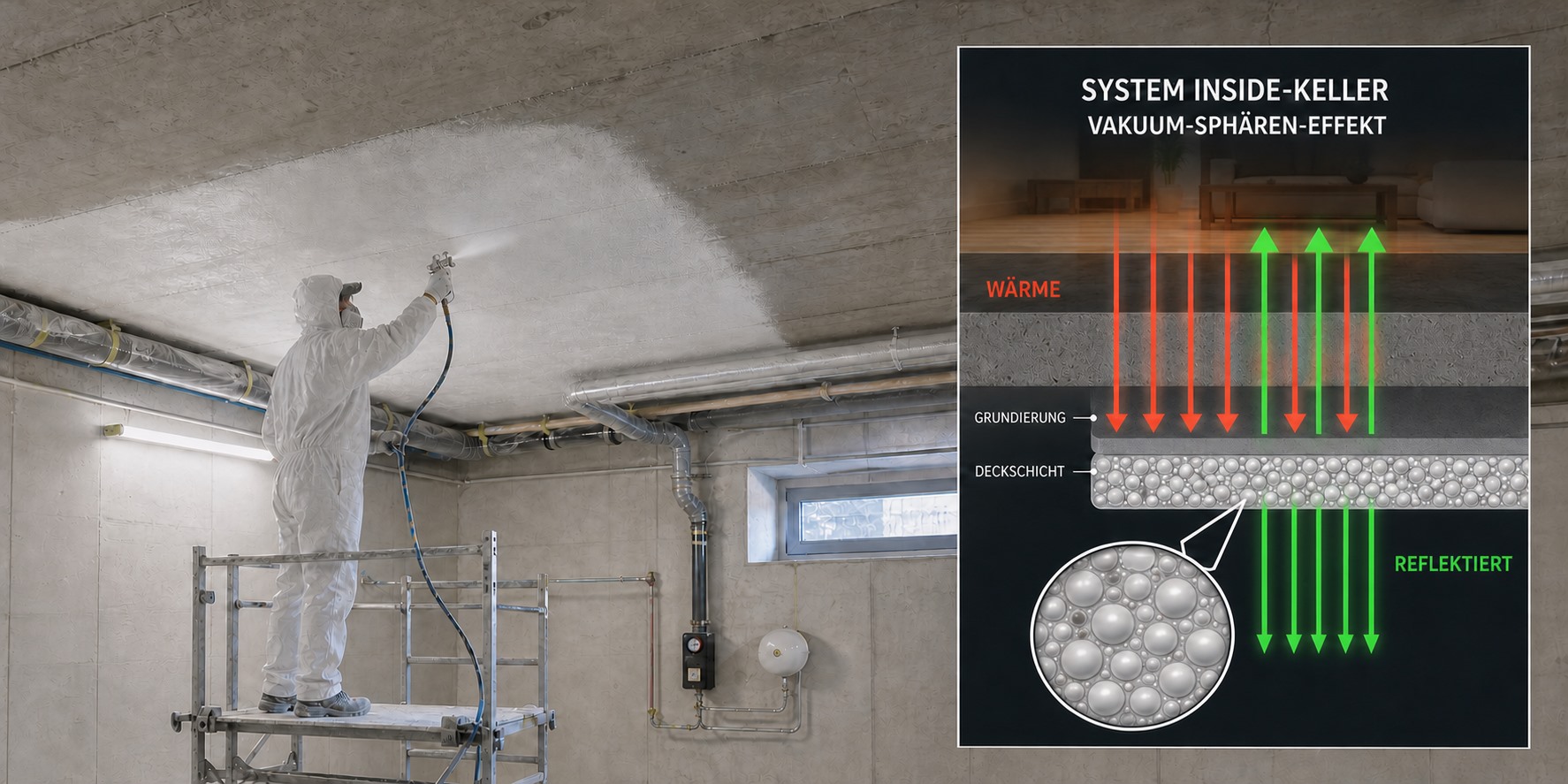 System Inside-Keller der Vakuum-Sph&auml;ren-D&auml;mmung, Kellerdecke, mit Schnittgrafik des Schichtaufbaus