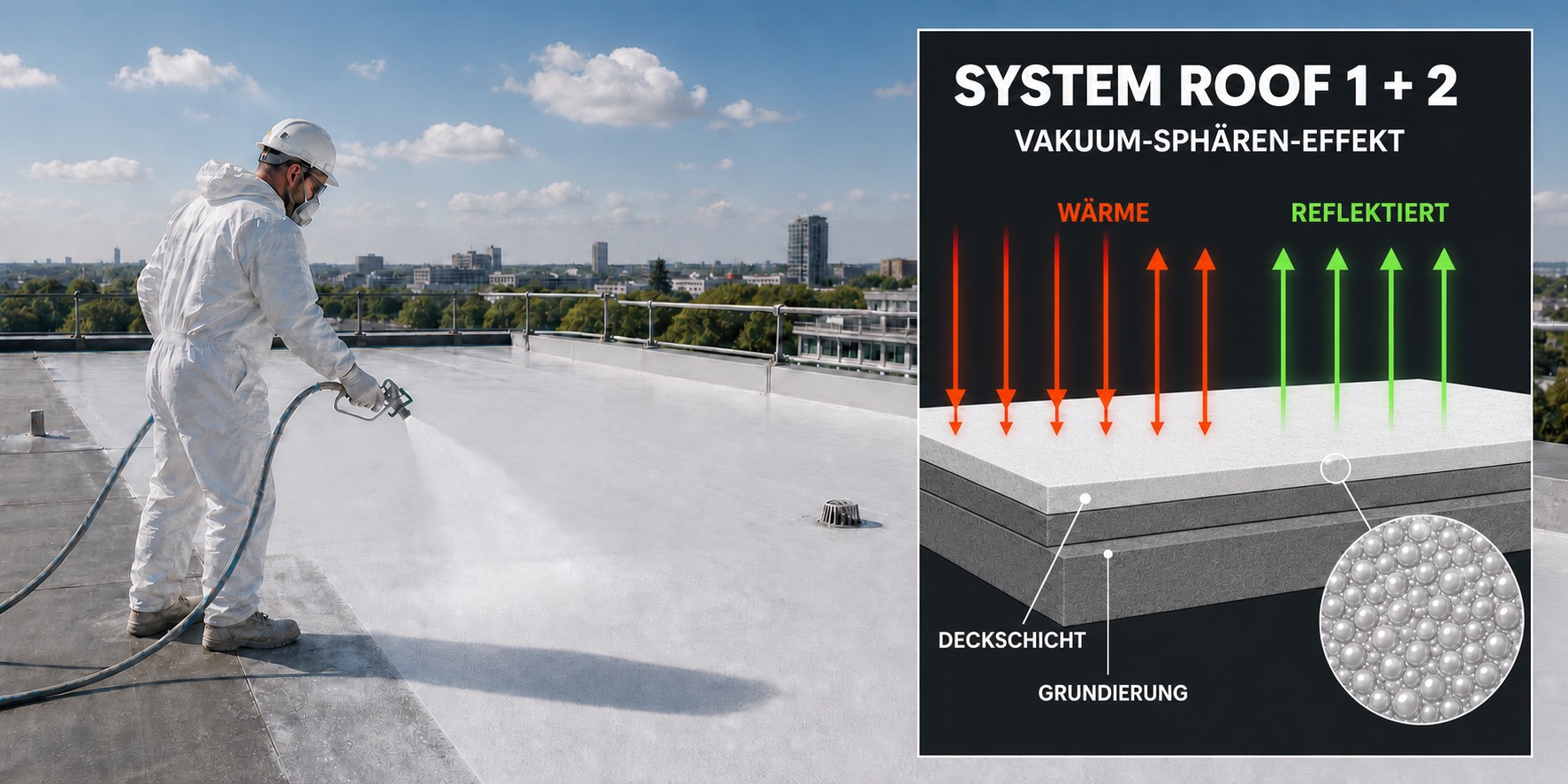 System Roof 1 + 2 der Vakuum-Sph&auml;ren-D&auml;mmung, Flachdach, mit Schnittgrafik des Schichtaufbaus