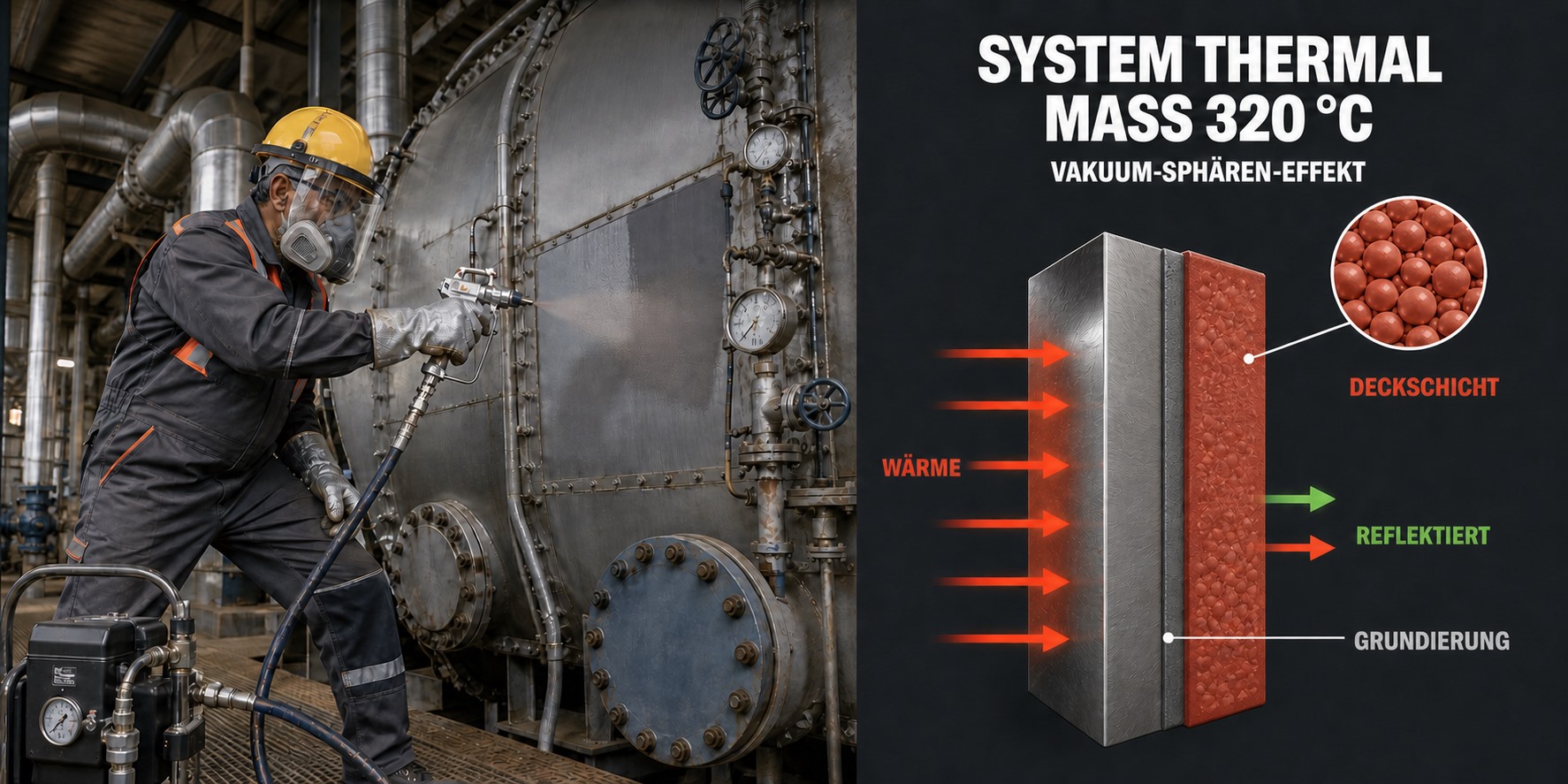 System Thermal Mass 320 &deg;C der Vakuum-Sph&auml;ren-D&auml;mmung, Hochtemperatur, mit Schnittgrafik des Schichtaufbaus